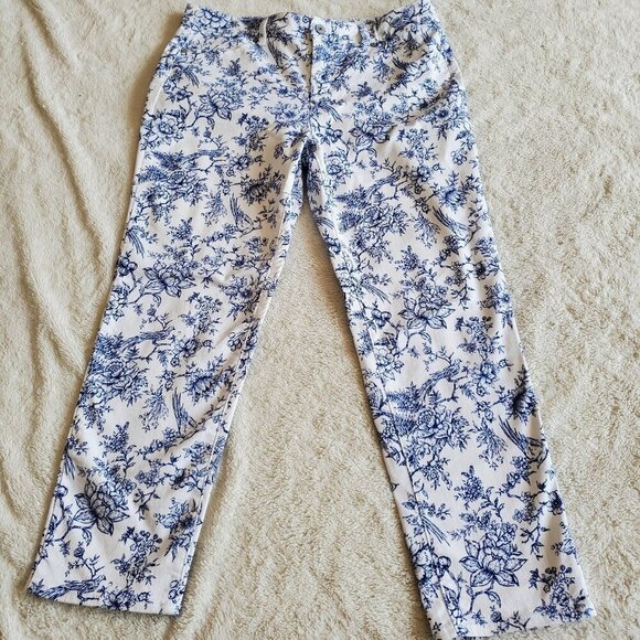 Talbots Petite Simple Flattering White Blue Floral Printed Ankle Pants Women 12 - Picture 1 of 9